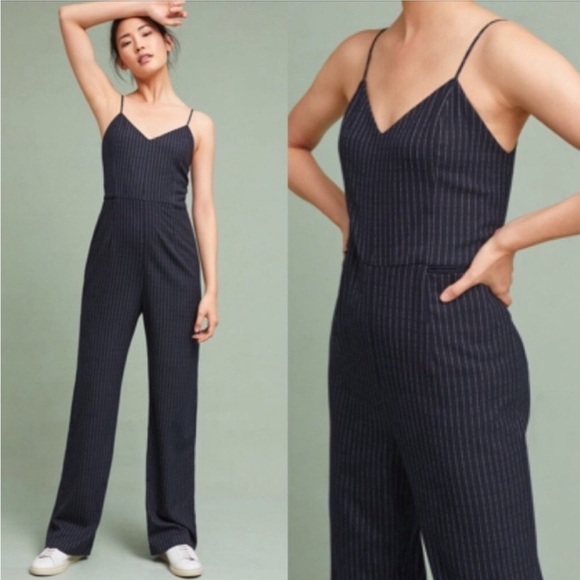 Anthropologie The Essential Jumpsuit Size 0 Pinstriped Adjustable Straps V Neck - Picture 1 of 7
